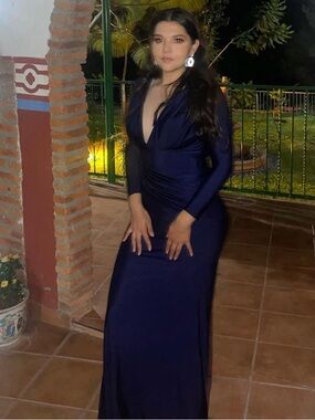 Cinderella Deep Navy Long Sleeve V-Neck Gown
